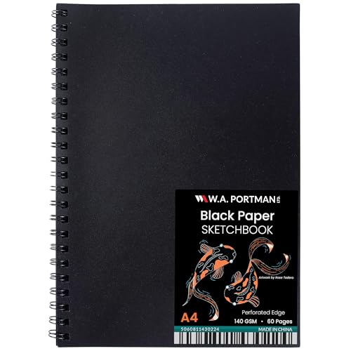 WA Portman Black Paper Sketchbook A4 (8.3" x 11.7") – 140 GSM Acid-Free Black Paper Notebook, 60 Pages (30 Sheets) Spiral Scrapbook Journal, Mixed Media Sketch Drawing Pad for Kids & Adults - size: A4 Single
