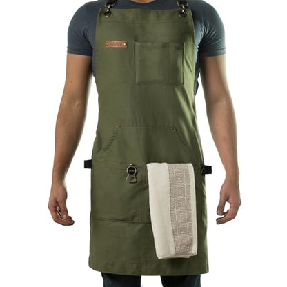 Asaya Chef and BBQ Apron with Bottle Opener and Hand Towel - 10oz Cotton Canvas, Stainless Steel Hardware - Cross Back Straps - color: Green
