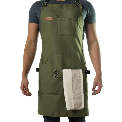 Asaya Chef and BBQ Apron with Bottle Opener and Hand Towel - 10oz Cotton Canvas, Stainless Steel Hardware - Cross Back Straps - color: Green