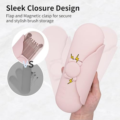 Travel Makeup Brush Holder with Cleaning Pad -Silicone Brush Organizer Case, Magnetic Closure Waterproof Cosmetic Bag for Easy Storage & On-the-Go Cleaning (9.05 Inch) - color: Pink