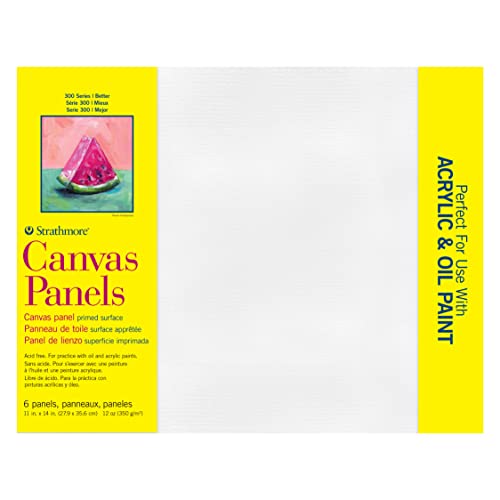 Strathmore 300 Series Artist Canvas Panels, 11x14 inches, White Pre-Primed, 6 Pack - 100% Cotton Surface for Acrylics & Oil Paints - size: 11x14