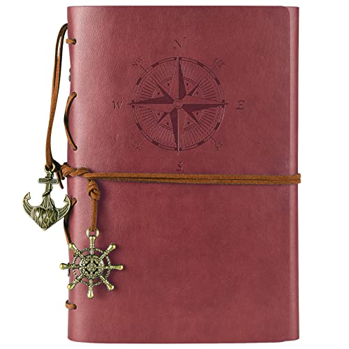 MALEDEN Leather Journal Refillable, Premium Spiral Notebook Classic Binder Vintage Embossed Travelers Journal with Blank Paper and Retro Pendants (Red) - color: Red