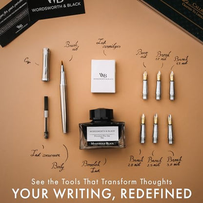 Wordsworth & Black Calligraphy Pen Gift Set, Includes Bottle, 6 Cartridges, 1 Refill Converter, 6 Replacement Nibs, Premium Package, Journaling, Smooth Writing Pens [Silver Chrome] - color: Silver Chrome