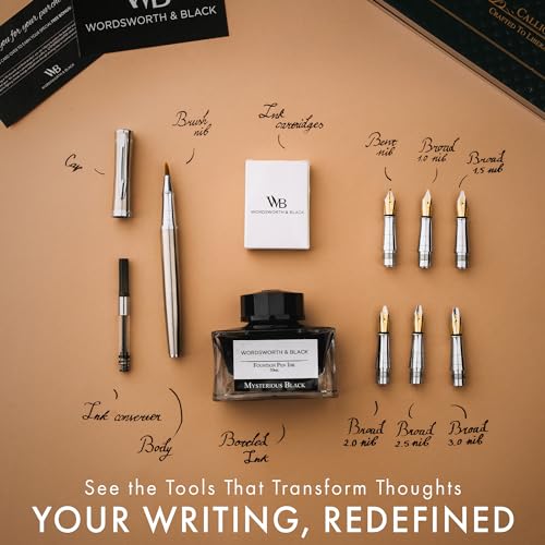 Wordsworth & Black Calligraphy Pen Gift Set, Includes Bottle, 6 Cartridges, 1 Refill Converter, 6 Replacement Nibs, Premium Package, Journaling, Smooth Writing Pens [Silver Chrome] - color: Silver Chrome