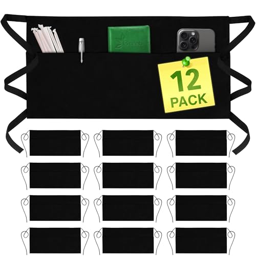 GREEN LIFESTYLE Server Aprons with 3 Pockets - Waist Apron, Waitress Apron for Women and Man, Water Resistant with Long Waist Strap Reinforced Seams, Half Apron (12 Pack - Black) - style: Bistro