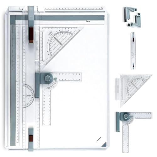 A3 Portable Drawing Table Board with Clear Rule Parallel Motion and Angle Adjustable Measuring System, Multi-Function Metric Drawing Board Drafting Table for Engineering Students