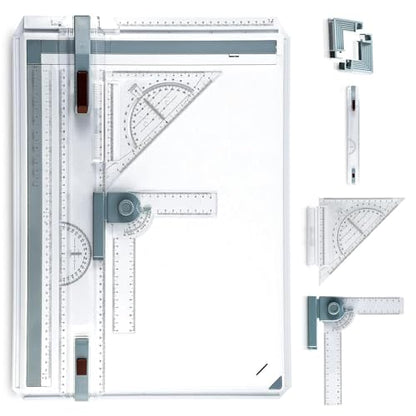 A3 Portable Drawing Table Board with Clear Rule Parallel Motion and Angle Adjustable Measuring System, Multi-Function Metric Drawing Board Drafting Table for Engineering Students