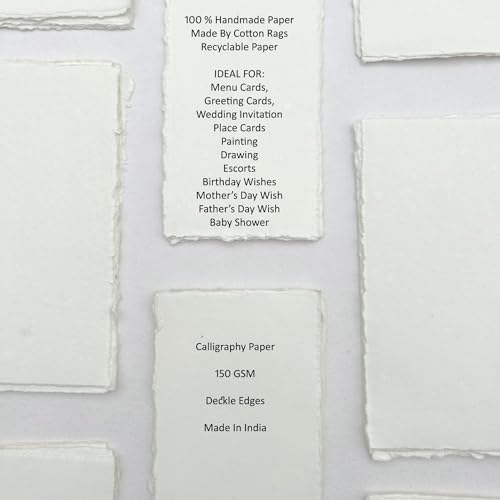 E-Tailor Premium Handmade Ivory White Paper 150 GSM Deckle Edge Mixed Media Sheets for Watercolour, Calligraphy, Writing, Invitations & Crafts – Recycled Cotton Rag Paper Pack of 50– 4x9” - size: 4x9"