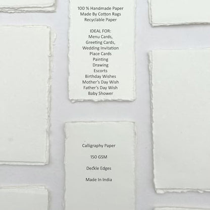 E-Tailor Premium Handmade Ivory White Paper 150 GSM Deckle Edge Mixed Media Sheets for Watercolour, Calligraphy, Writing, Invitations & Crafts – Recycled Cotton Rag Paper Pack of 50– 4x9” - size: 4x9"