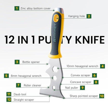 VOOMEY 12-in-1 Putty Knife, 2 Pack Paint Scraper Tool, Stainless Steel Metal Scraper for Spackle, Paint Removal, Drywall Repair, Wallpaper Removal & Home Renovation