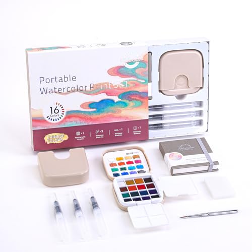 Watercolor Paint, Mini Travel 16-Color Solid Watercolor Kit with Tear-Off Pad, 3 Water Brush Pens & Mini Metal Brush, Portable Art Set, Chinese Colors for Adult Beginners, Journaling, and Sketching - color: Red