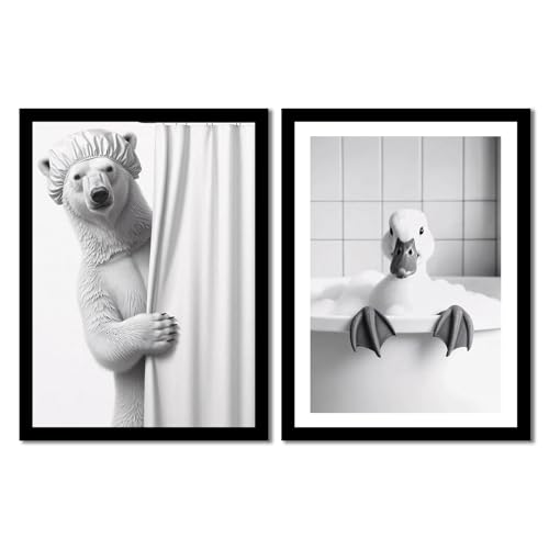 Funny Bathroom Wall Art Set of 2 Framed Canvas Prints – Bear Shower & Duck Bath Black and White Animal Artwork – Modern Minimalist Bathroom Decor Pictures with Solid Wood Frame & Acrylic Cover Cute Bathroom Decor 8x10IN - color: duck and bear, size: 10"L