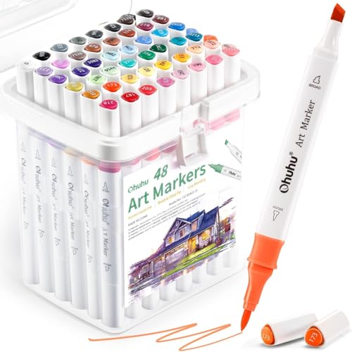 Ohuhu Brush Markers Alcohol Based: Double Tipped Art Sketch Drawing Marker for Artists Adults Beginners Coloring Landscape Architectural Design - Brush& Chisel - 48-color w/Marker Storage Case - color: Landscape Tones, size: 1 Count (Pack of 48)