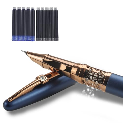 YUNCHUN Refillable Fountain Pen Fine Nib, Fancy Ink Pen with 10 Black & 10 Blue Ink Refills Cartridges, Cool Ink Pens for Writing, Business Metal, Best Gift Set for Men & Women, Blue - color: Blue, style: Fine Point