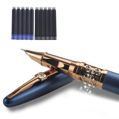 YUNCHUN Refillable Fountain Pen Fine Nib, Fancy Ink Pen with 10 Black & 10 Blue Ink Refills Cartridges, Cool Ink Pens for Writing, Business Metal, Best Gift Set for Men & Women, Blue - color: Blue, style: Fine Point