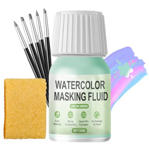 WANJAO Masking Fluid for Watercolor Painting, Watercolor Masking Fluid with Silicone Pens Brush for Painting Fast Drying Easy Peel Use to Art Watercolor Supplies Retouching Covering, 30ml Green - color: Green
