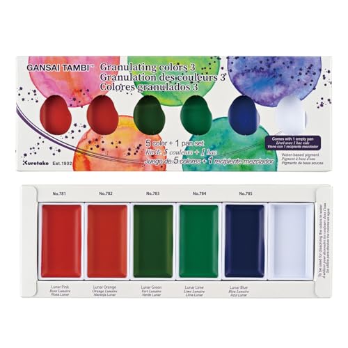 Kuretake Gansai Tambi GRANULATING Colors 3, 5 Color Set, Watercolor Paint set, Ideal for Calligraphy, Illustrations, Brush Lettering, Fineart and more, Made in Japan