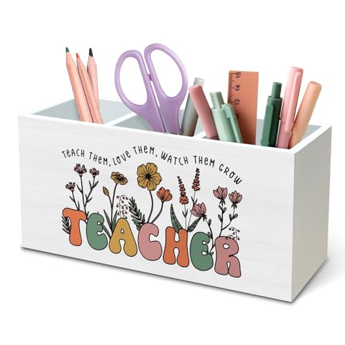 DILSJ Teacher Appreciation Gifts Pen Pencil Holder Organizer for Desk, Thank You Teacher Gifts for Women, Inspirational Gift Wooden Box Signs for New Teacher Floral Desk Decoration School Supplies - color: Flower-2