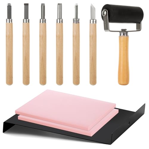 STARVAST 10PCS 4x6 Inch Linoleum Carving Blocks for Printmaking, Rubber Linocut Block Stamp Making Kit with Wood Carving Tools, Rubber Brayer Roller, Construction Platform, for DIY Crafts