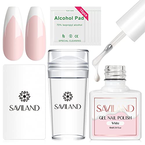 Saviland French Manicure Kit: French Tip Nail Stamp with White Gel Nail Polish Set, Jelly Silicone Nail Stamper Nail Stamper Kit for French Nails Home DIY Nail Salon - color: 1B-2White