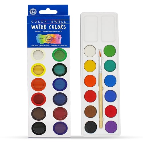 Color Swell Bulk Dry Watercolors Paint Pack with Brushes - 1 Set with 12 Washable Colors Each - Wood Brush - size: 1 Count (Pack of 1)