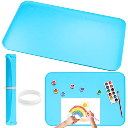 Silicone Painting Mat with Raised Sides, 24" x 16" Playdoh Art Mat | Food-Grade Silicone Art Mat for Crafts, Protects Table From Spills, Stains, Paint Mats for Clay, Jewelry-Making - color: Blue