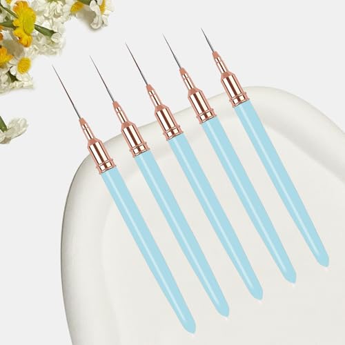 5PCS Liner Brushes for Nails, Nail Art Liner Brushes Set, 6/9/12/15/18mm Thin Detail Brush for Long Lines & Fine Drawing, UV Gel Polish Painting Nail Design Tools- Light Blue - color: Light Blue