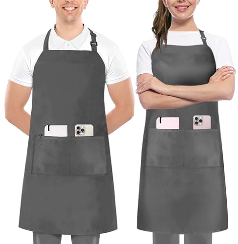 Utopia Kitchen 2 Pack Bib Apron, Adjustable with 2 Pockets, Water and Oil Resistant, Cooking Kitchen Chef Apron for Women Men - color: Grey