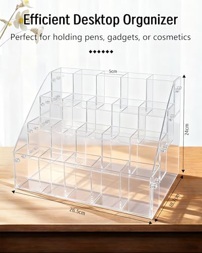 Slanted Acrylic Pencil Holder for Desk, 4 Tier Multi-Compartment Pen Storage Organizer | Clear Desktop Stationary Cup & Brush Display Case with Durable Hardware - size: 4 Layers