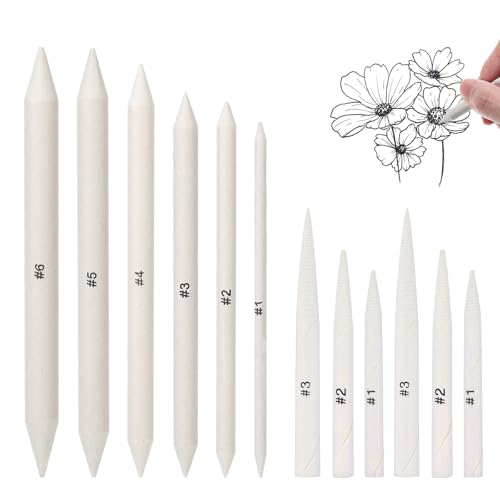 Sliverdew 12 Pcs Blending Stumps and Tortillions Set, Dual-Ended Paper Art Blenders for Drawing, 6 Sizes Shading Pencils Sketch Sticks for Artist Student Oil Pastel Charcoal Smudging