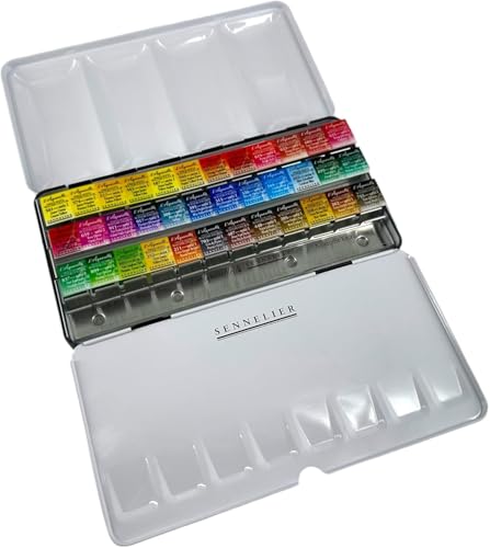 SENNELIER Aquarelle 36-Half-Pan Watercolor Set, Classic Metal Tin Palette with Built-In Mixing Areas – Professional French Watercolor Paints for Artists & Plein Air