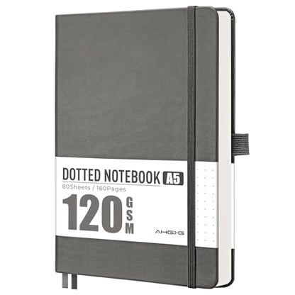 AHGXG Dotted Journal Notebook, 160 Numbered Pages, A5 Medium Size (5.7'' x 8.3''), 120 GSM Thick Paper, Leather Hardcover, for Journaling, Planning, Tracking (Gray) - color: Gray, style: Dotted