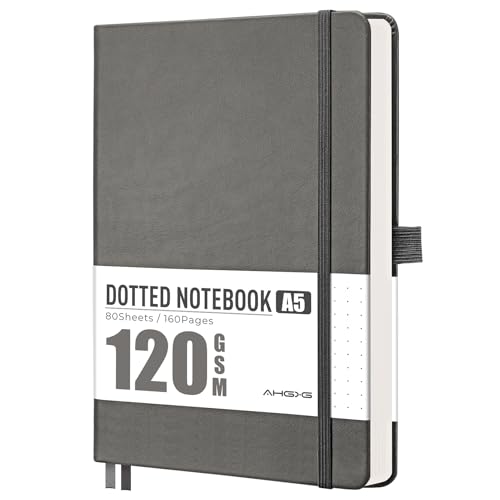 AHGXG Dotted Journal Notebook, 160 Numbered Pages, A5 Medium Size (5.7'' x 8.3''), 120 GSM Thick Paper, Leather Hardcover, for Journaling, Planning, Tracking (Gray) - color: Gray, style: Dotted