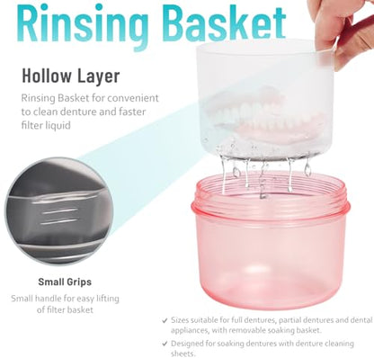 Leak Proof Denture Cups Bath, Dishwasher safe, Denture Case for Soaking Full & Partial Dentures, Retainers, with Hard Denture Cleaner Brush & Denture Brush Cover (Transparent Rouge) - color: transparent rouge