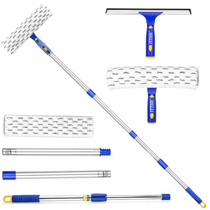 ITTAR Window Squeegee Cleaning Kit with 60" Extension Pole, Rotatable Glass Cleaner Tool 12" Rubber Blade & 2 Microfiber Pads, Window Washing Equipment for High Windows, Shower Doors, Car Windshield