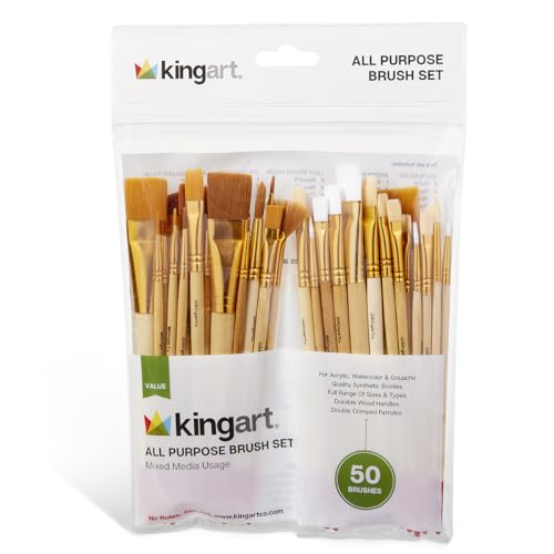 KINGART 50-Piece Paint Brush Set, Acrylic, Oil, Watercolor Gouache Paints, Face & Nail, Miniature Detailing & Rock Painting - size: 50 ea, style: Set of 50 (Multipurpose)