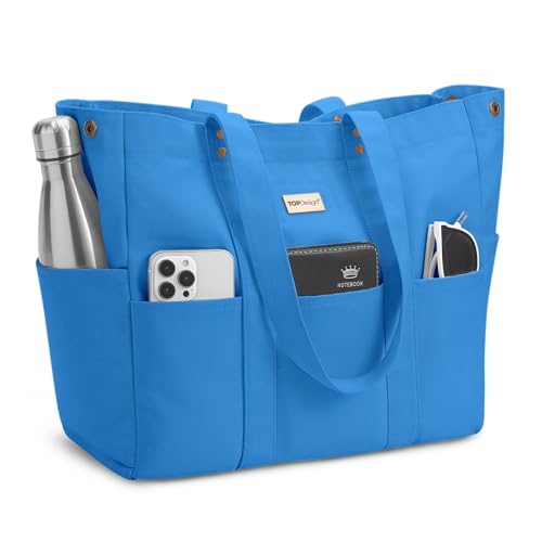 TOPDesign Large Canvas Tote Bag for Women, Shoulder Bag with Laptop Sleeve & Pockets, Everything Tote for Travel, Work (Blue) - color: Blue