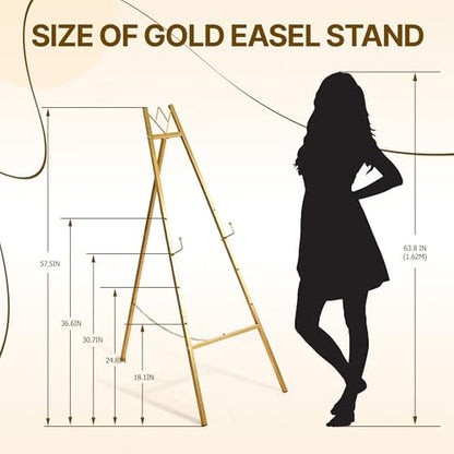 57.5" Gold Easel Stand for Sign, Wedding Sign Stand for Display, Assembly Required, 4 Adjustable Height Levels Heavy Duty Metal Display Stand Floor Standing Easels for Art, Paintings, Pictures