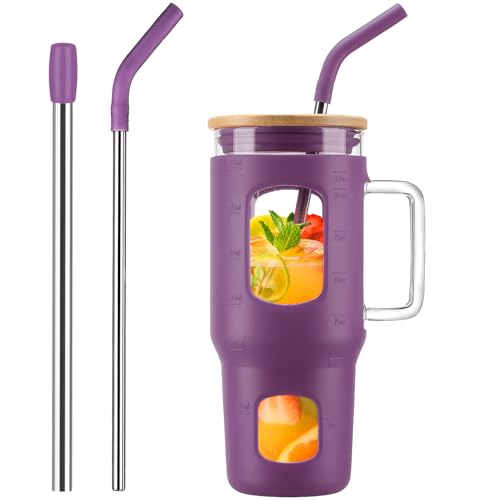 WINSA Glass Tumbler with Straw & Lid, 32 oz Glass Cup with Handle, Water Bottles with Time Marker - 2 Straws & Silicone Protective Sleeve Dark Purple - color: Dark Purple, size: 32 Ounces