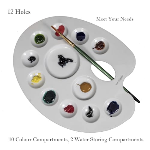 ZAHEPA Oval Paint Tray, Plastic Palette Paint Tray, Painting Palette with 12 Comparments & Thumb Hole, Art Supplies for DIY Crafts, Oil Paint, Watercolor, Acrylic - Ideal for School & Professional - style: Oval - 12 Compartments