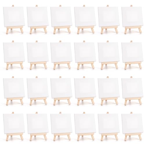 Tosnail 24 Pack 4" x 4" Mini Canvas and Easel Set, Small Art Easel Stand with Canvas Set, Tabletop Wooden Display Stand and Canvas Panels for Artist, Students, Adults, Kids Painting