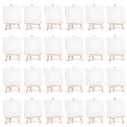 Tosnail 24 Pack 4" x 4" Mini Canvas and Easel Set, Small Art Easel Stand with Canvas Set, Tabletop Wooden Display Stand and Canvas Panels for Artist, Students, Adults, Kids Painting