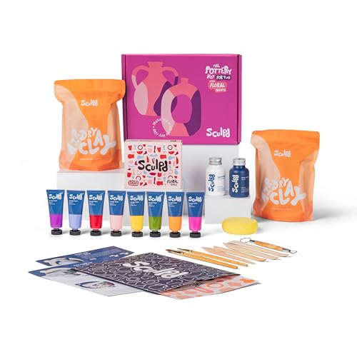 Sculpd - The Original Pottery Kit for Adults - Air Dry Clay for Adults, Tools, Varnish, Paints, Brushes, Couples Date Night Arts & Crafts Set, Gloss Varnish with Floral Tones - style: Gloss Varnish with Floral Tones