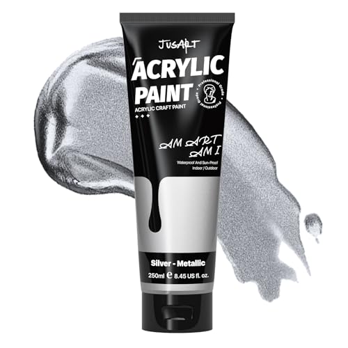 JusArt Acrylic Paint Metallic Silver Tubes 250ml (8.45 oz), Non Toxic Craft Paint, No Fading Rich Pigment for Canvas Painting, Wood, Fabric, Clay, MetallicStone, Ceramics Art Supplies for Artists, Adults - color: Silver