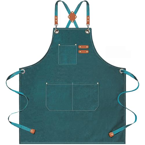 AFUN Aprons for Men Women with Large Pockets, 16-Ounce Cotton Canvas Cross Back Apron - color: Dark Green