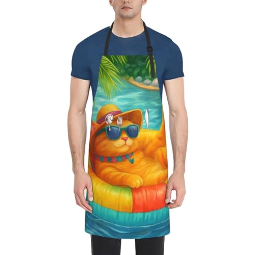KKdskkds Tribal Boho Geometric Multi-Purpose Adjustable Waterproof Apron With Pocket For Men Women - color: Summer Vacation Cat