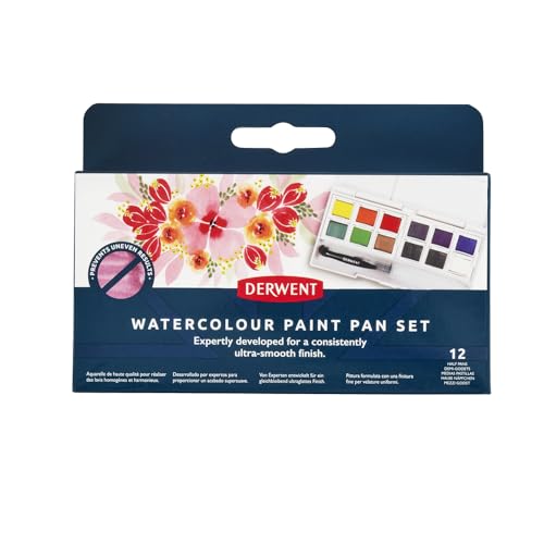 Derwent Watercolour Paint Pan 12 Set, Set of 12, Half Pan Size, Water-Soluble, Ideal for Painting, Professional Quality, Travel Size, 2306323