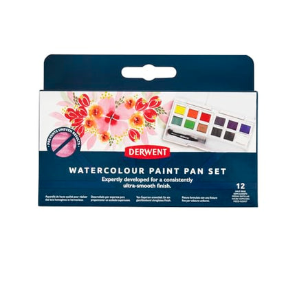 Derwent Watercolour Paint Pan 12 Set, Set of 12, Half Pan Size, Water-Soluble, Ideal for Painting, Professional Quality, Travel Size, 2306323