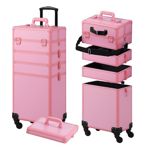 Somduy Makeup Train Case, Rolling Makeup Case with Lid, 5 in 1 Cosmetology Case on Wheels, Christmas Gift, Large Makeup Case Organizers, Profesional Cosmetic Case for Salon Barber, Pink - color: Pink