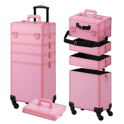 Somduy Makeup Train Case, Rolling Makeup Case with Lid, 5 in 1 Cosmetology Case on Wheels, Christmas Gift, Large Makeup Case Organizers, Profesional Cosmetic Case for Salon Barber, Pink - color: Pink